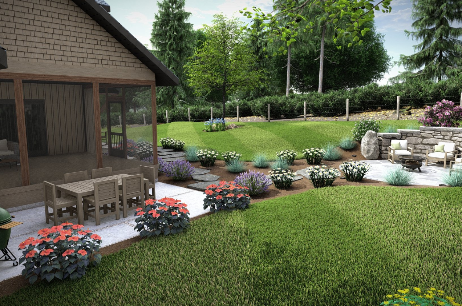 3d Beautiful landscape design in Etowah, NC, showcasing a spacious backyard with vibrant flower beds, a stone pathway, a cozy patio seating area, and a screened porch for relaxation.
