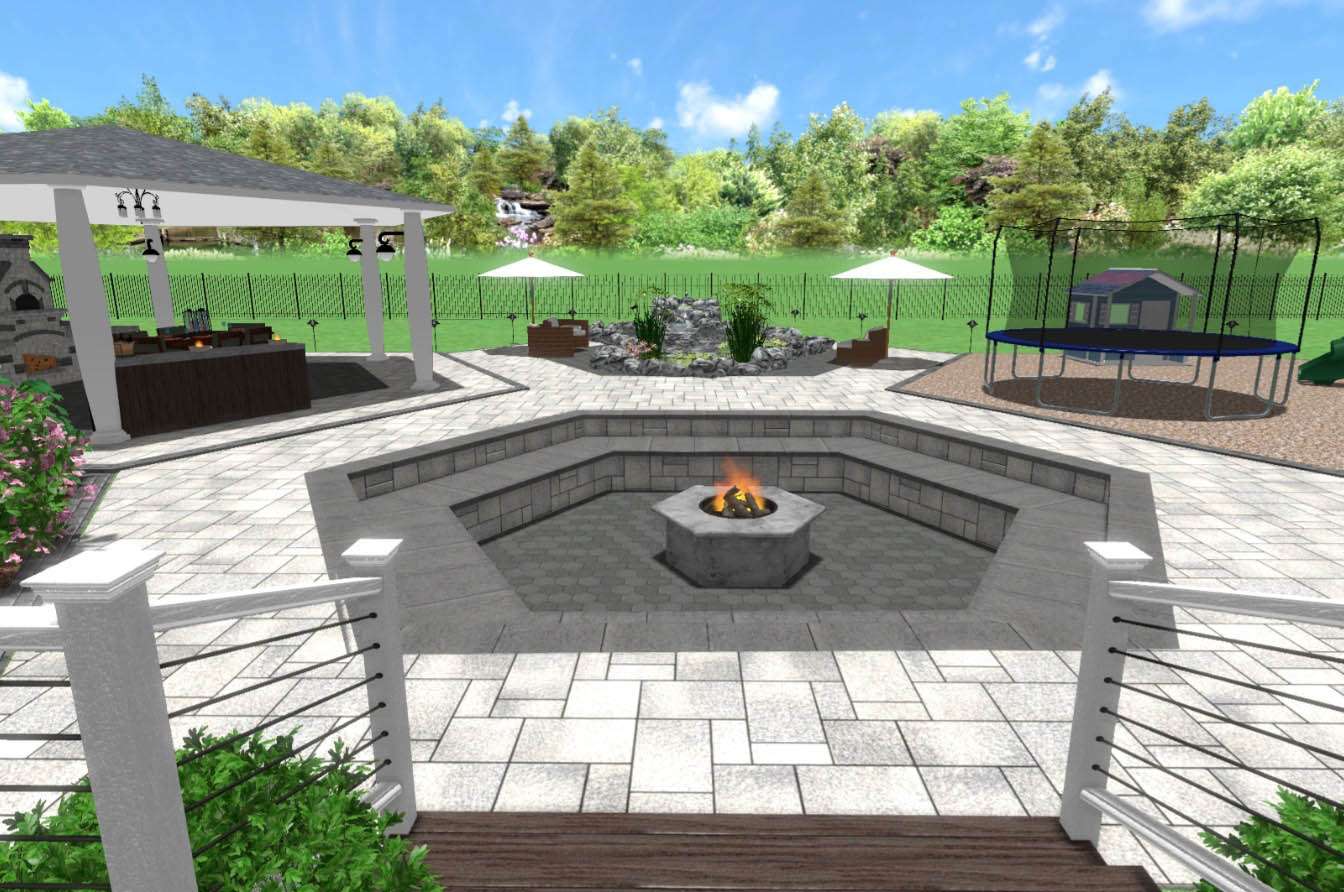rendering 3D rendering of a beautifully designed outdoor space featuring a fire pit, pergola, and landscaped areas, highlighting professional landscaping services in Etowah, NC.