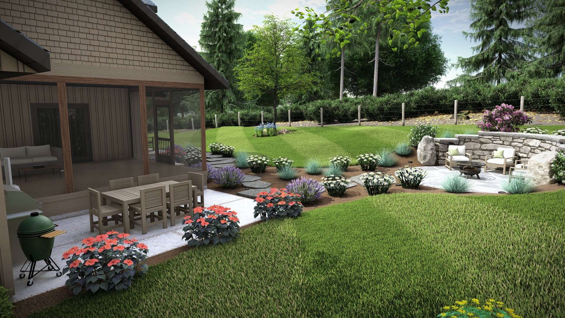 day_4 A backyard showcasing a custom landscape design in Etowah, NC, featuring a cozy fire pit area, vibrant flower beds, lush green grass, and a dining setup under a screened porch for functional outdoor living.