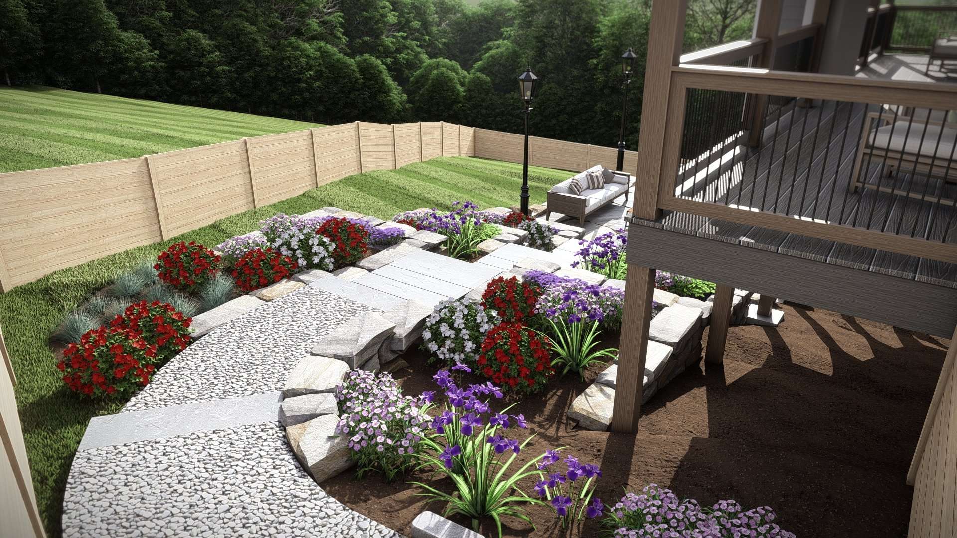 IMG_6067 Beautifully designed backyard landscape featuring a mix of colorful flowers, stone pathways, and wooden fencing, showcasing expert landscape design in Etowah, NC for creating inviting outdoor spaces.
