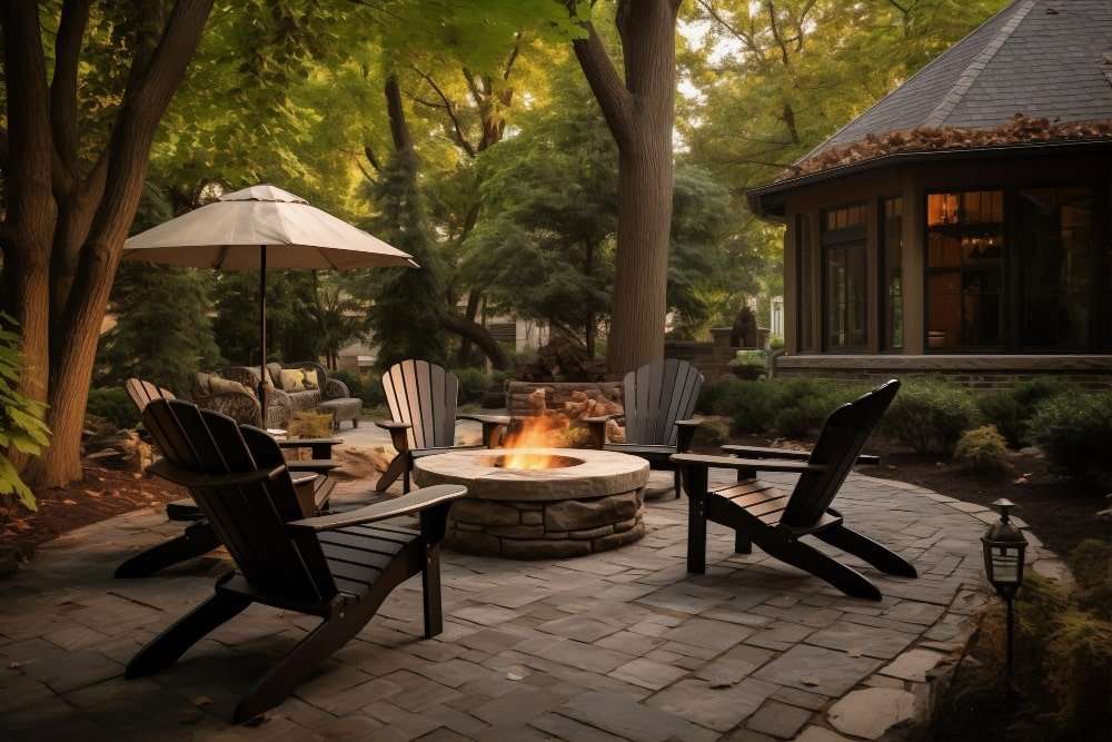 2150698294 (1)-min Cozy backyard fire pit surrounded by Adirondack chairs on a beautifully landscaped patio in Etowah, NC, showcasing expert landscaping services and tranquil outdoor living spaces.